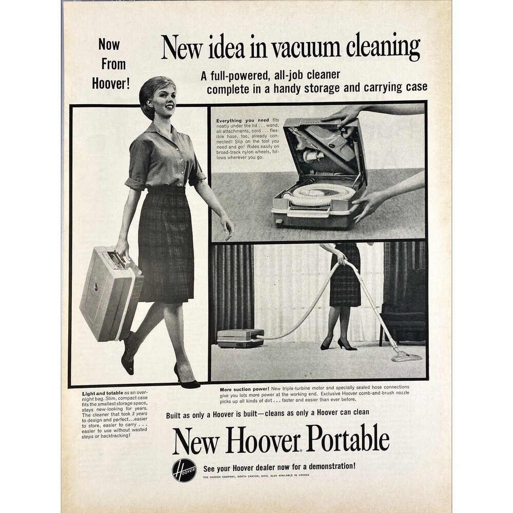 Hoover Portable Vacuum "New Idea In Vacuum Cleaning" Vintage Print Ad 1963